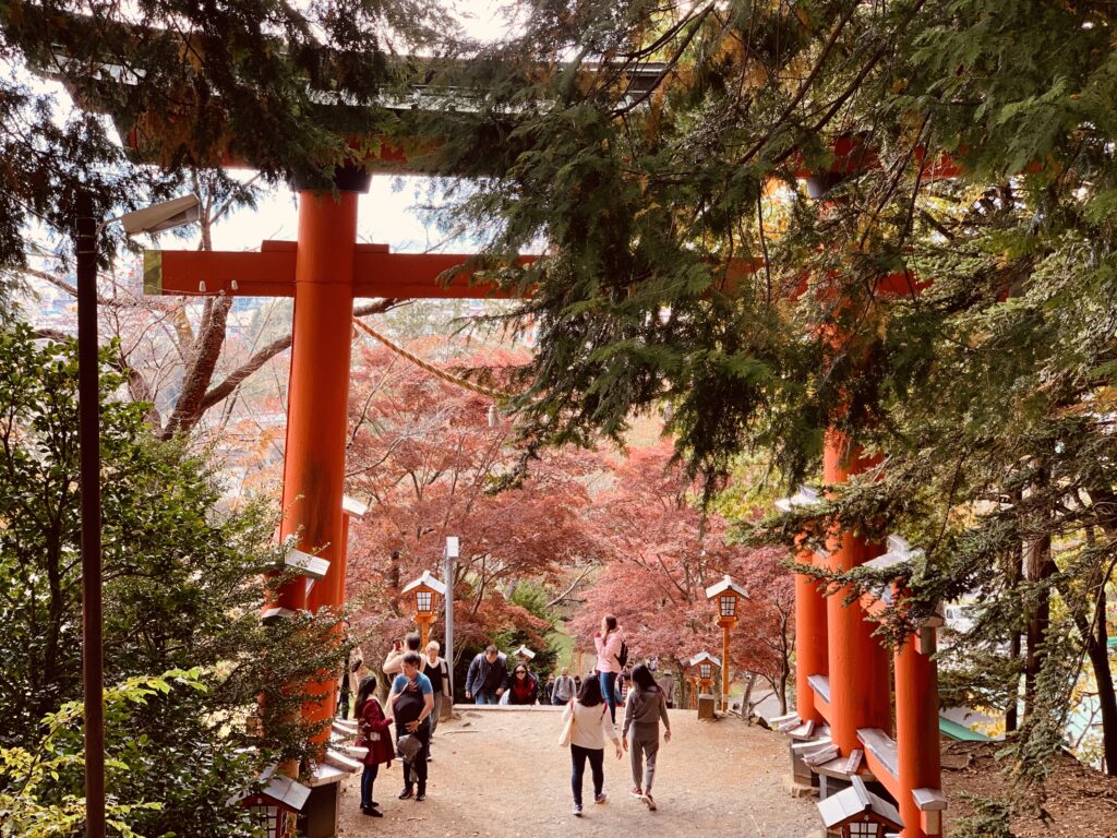 An Orange Torii Gate surrounded by trees of Autumn colours