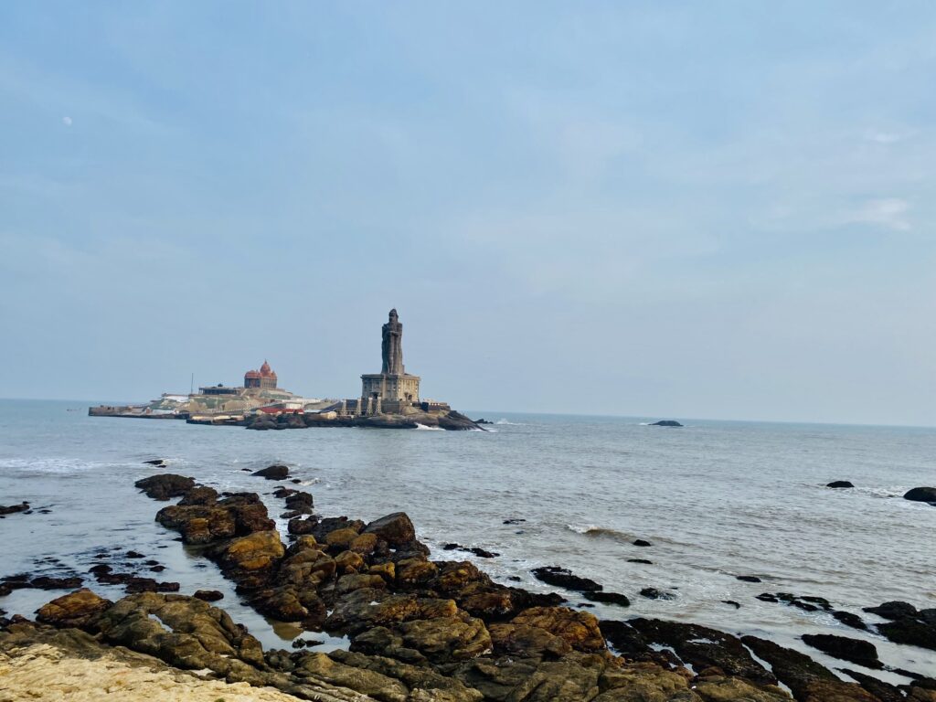 A distant view of Vivekananda Rock Memorial from the shore in Kanniyakumari, Tamil Nadu, India