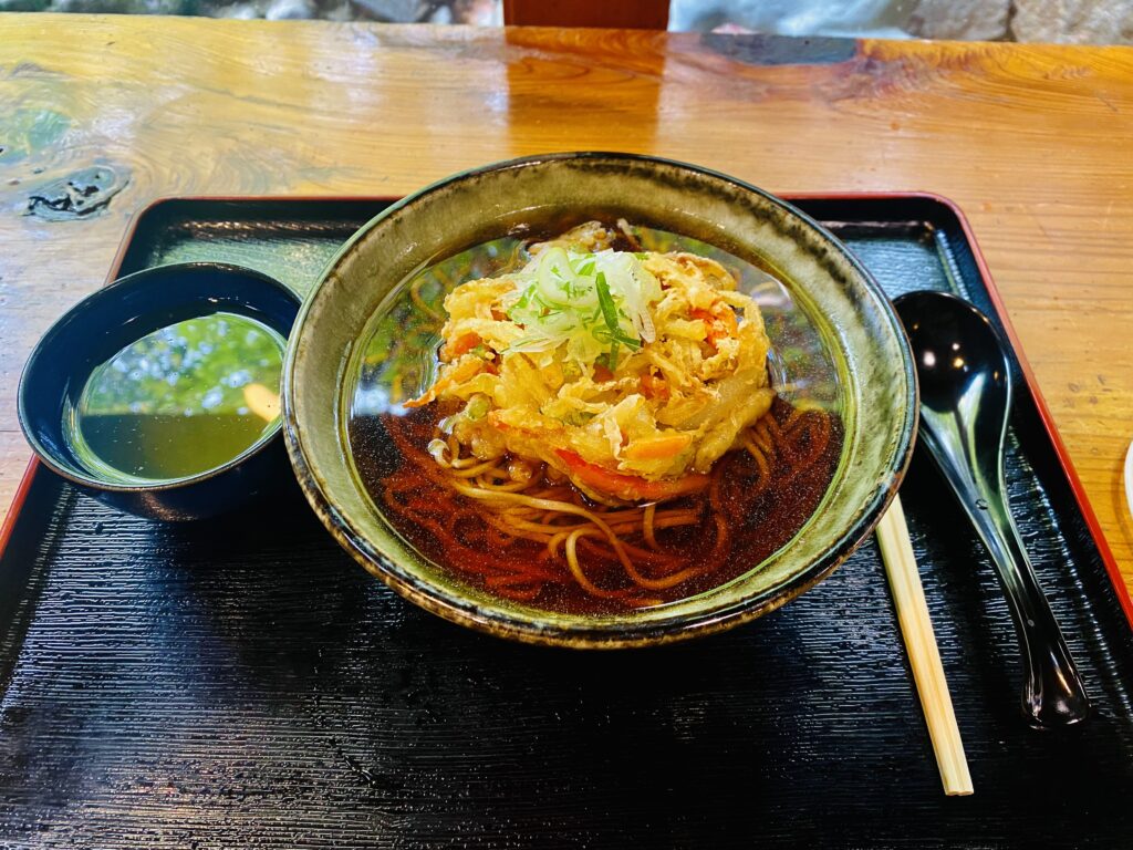 A delicious looking bowl of Soba noodles with Tempura toppings and cup of tea