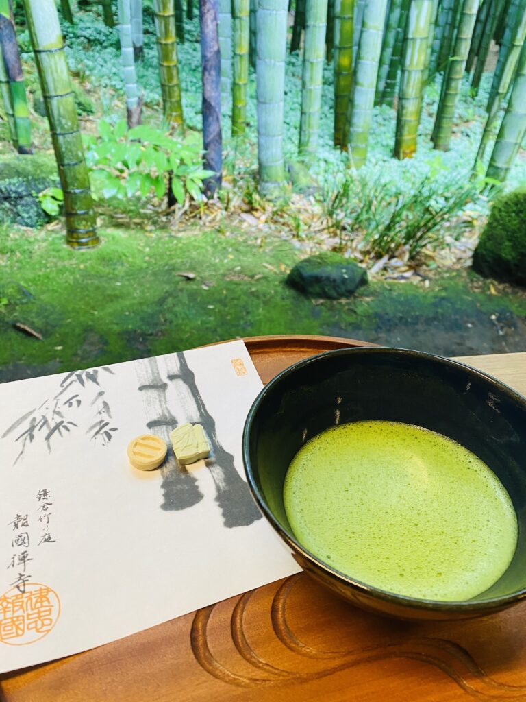 A bowl of Matcha Tea and sweets with a background of bamboo forest in Hokokuji Temple, Kamakura, Japan